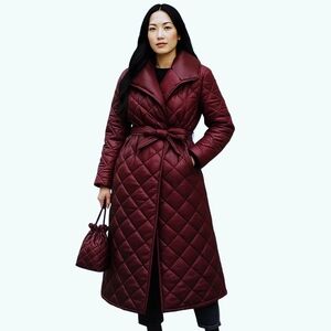 Cleo Women's Belted Quilted Puffer Trench Coat Maroon Red Large